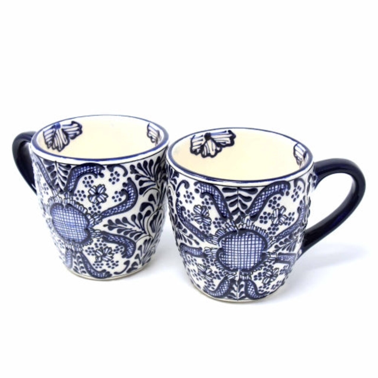 Set of 2 Ceramic Blue Rounded Mugs with Blue Flowers Pattern Pottery Style Dishwasher Safe